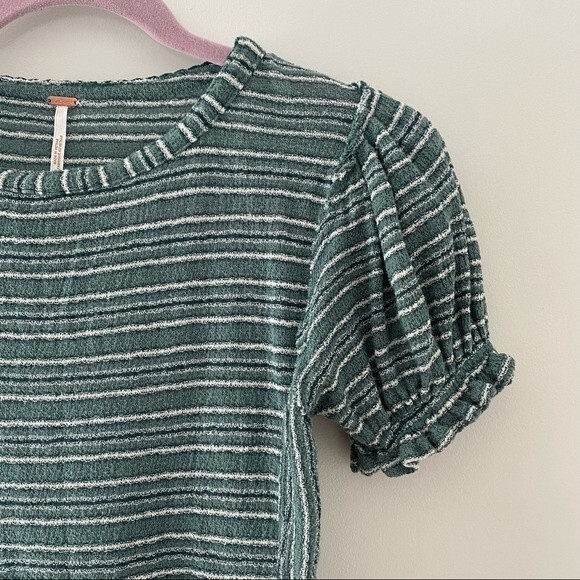 Free People Teal and White Striped Top Blouse with Ruffle Sleeves Size Small - Picture 2 of 5